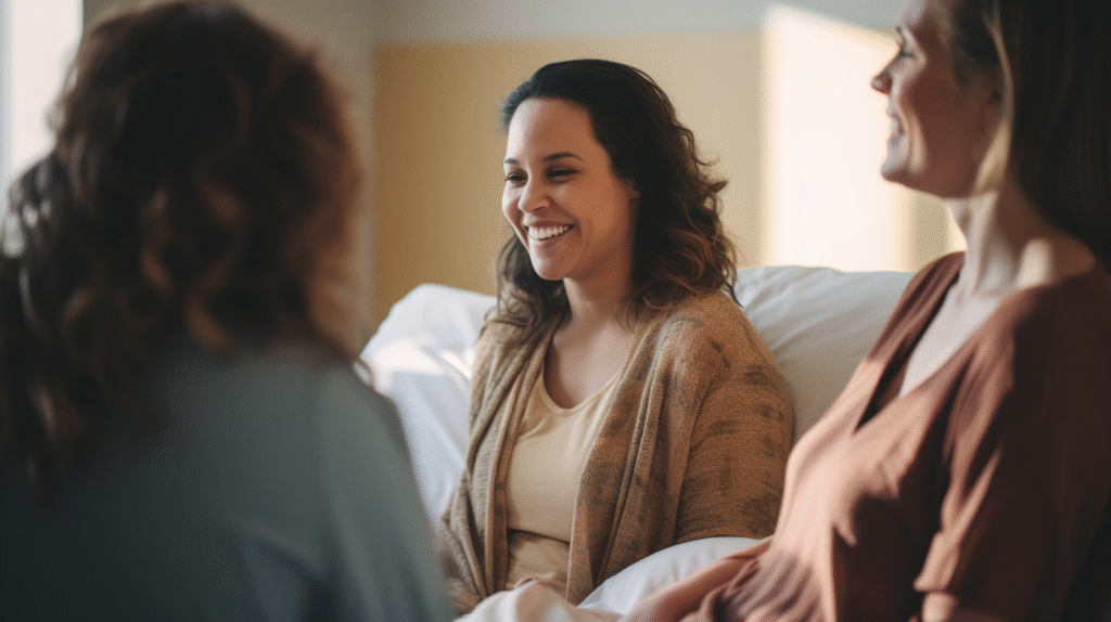 Pregnant woman in hospital talking with doula and nurse, showing supportive, evidence-based maternity care