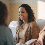 Pregnant woman in hospital talking with doula and nurse, showing supportive, evidence-based maternity care